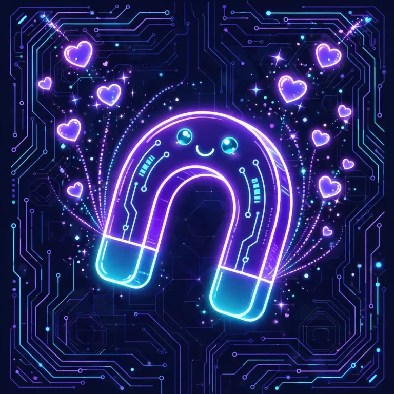 attractive synonyms — cute glowing magnet character attracting hearts and sparkles on a dark navy neon background