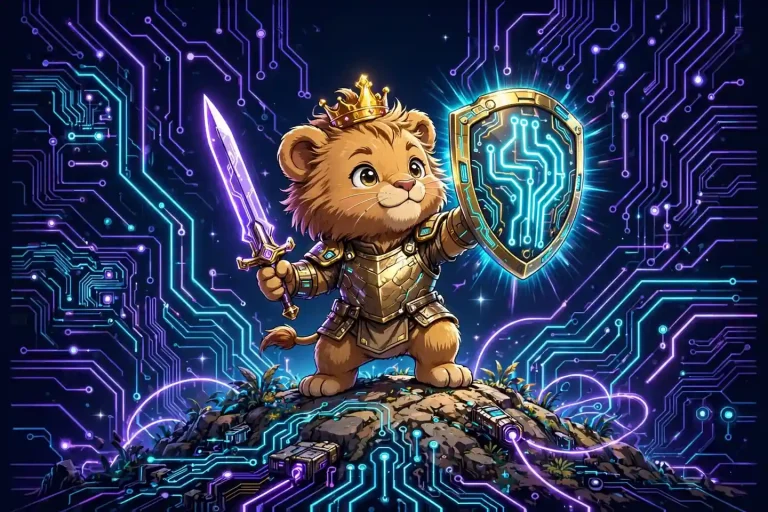 Brave synonym concept art — a cute lion knight with a glowing shield representing courageous and fearless bravery