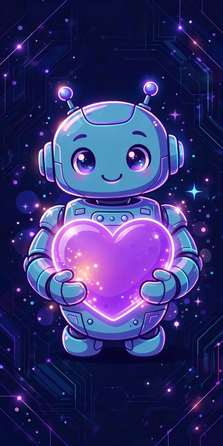 Care synonym guide — cute robot holding a glowing heart, synonyms for care like cherish, nurture and look after