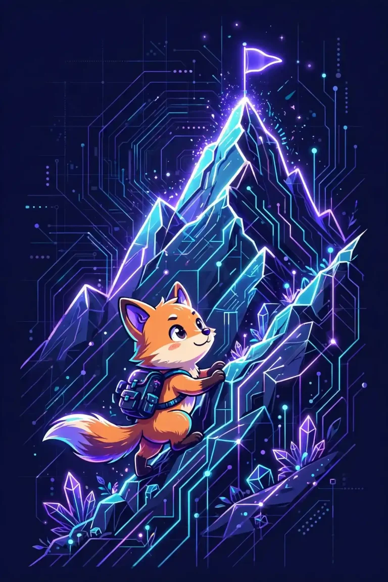 Challenge synonym guide — cute fox climbing a glowing mountain, synonyms for challenge like obstacle, hurdle and trial