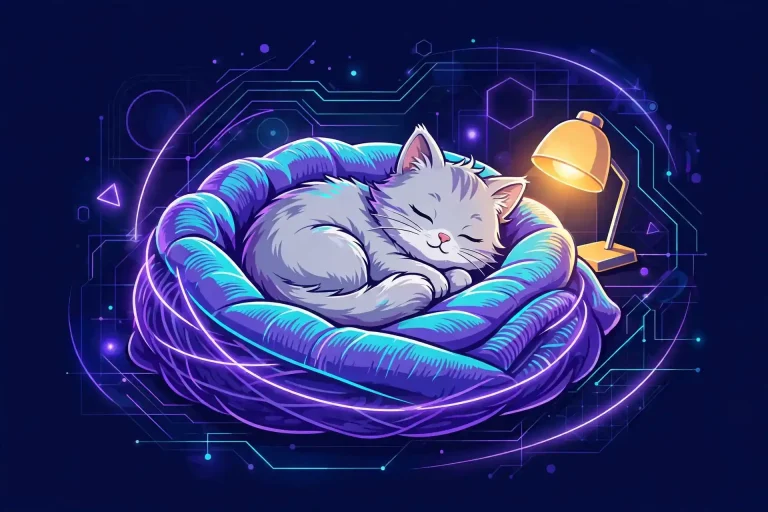 Comfort synonym guide — cute cat sleeping in a cozy glowing blanket, synonyms for comfort like soothe, console and solace