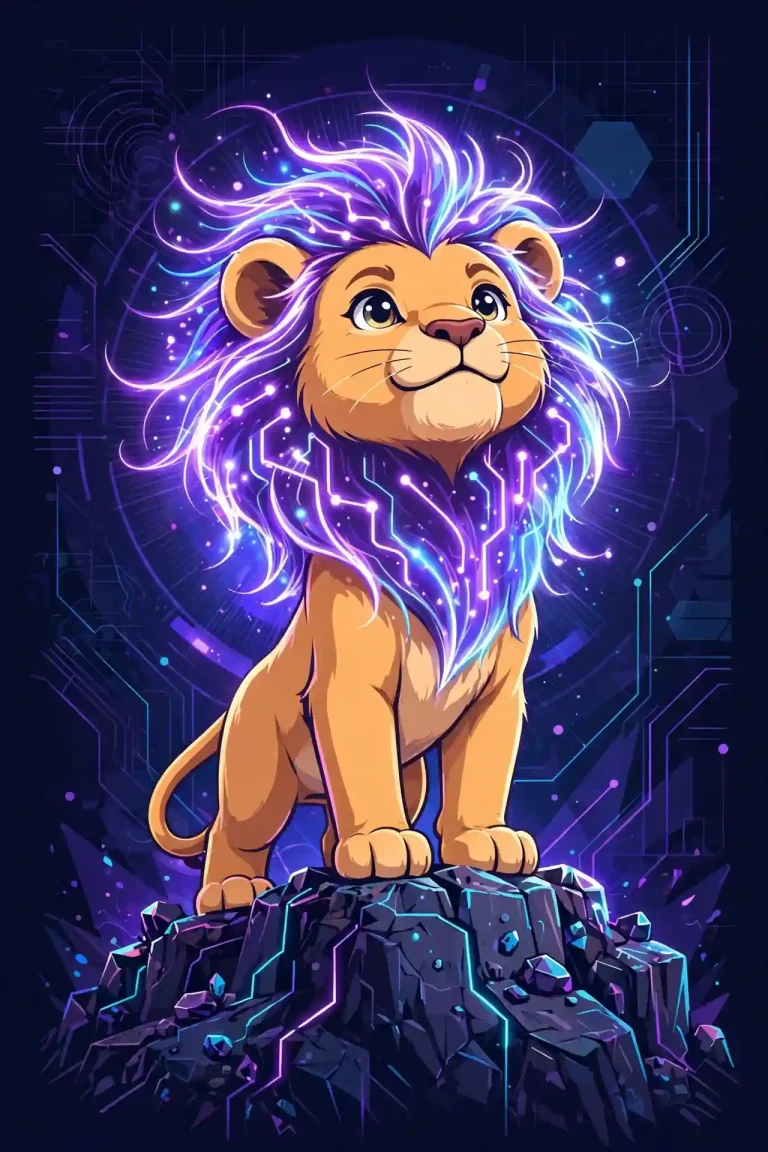 Confident synonym guide — cute lion standing proudly on a rock, synonyms for confident like self-assured, bold and fearless