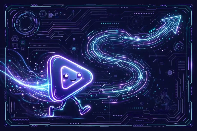 continue synonyms — cute glowing play-button character marching forward on a neon path