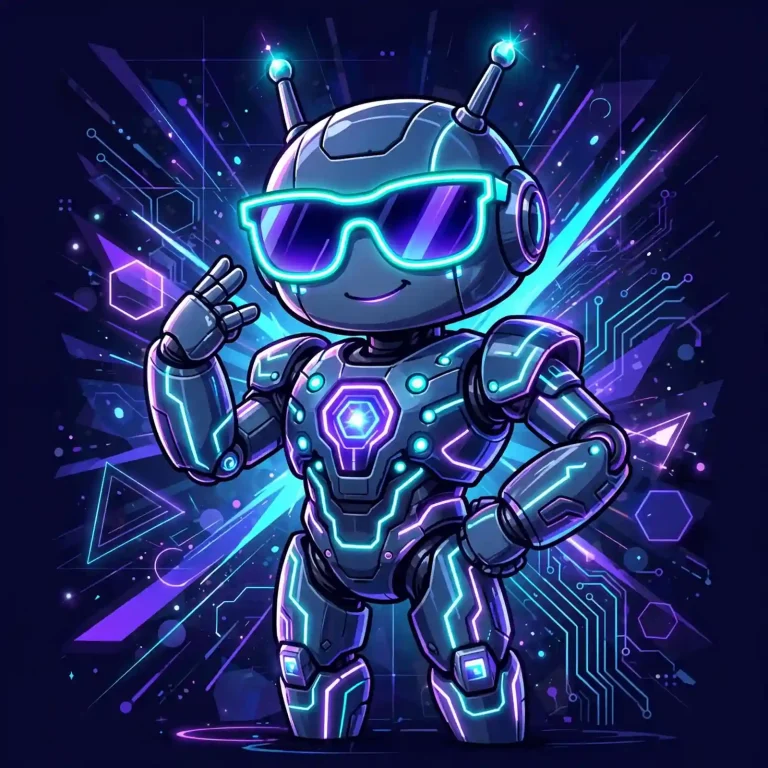 Cute confident robot wearing glowing neon sunglasses, a neon concept for cool synonyms
