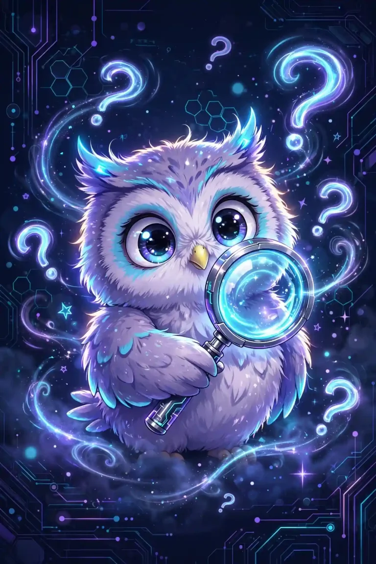 Cute owl holding a glowing magnifying glass — curious synonyms and other ways to say curious