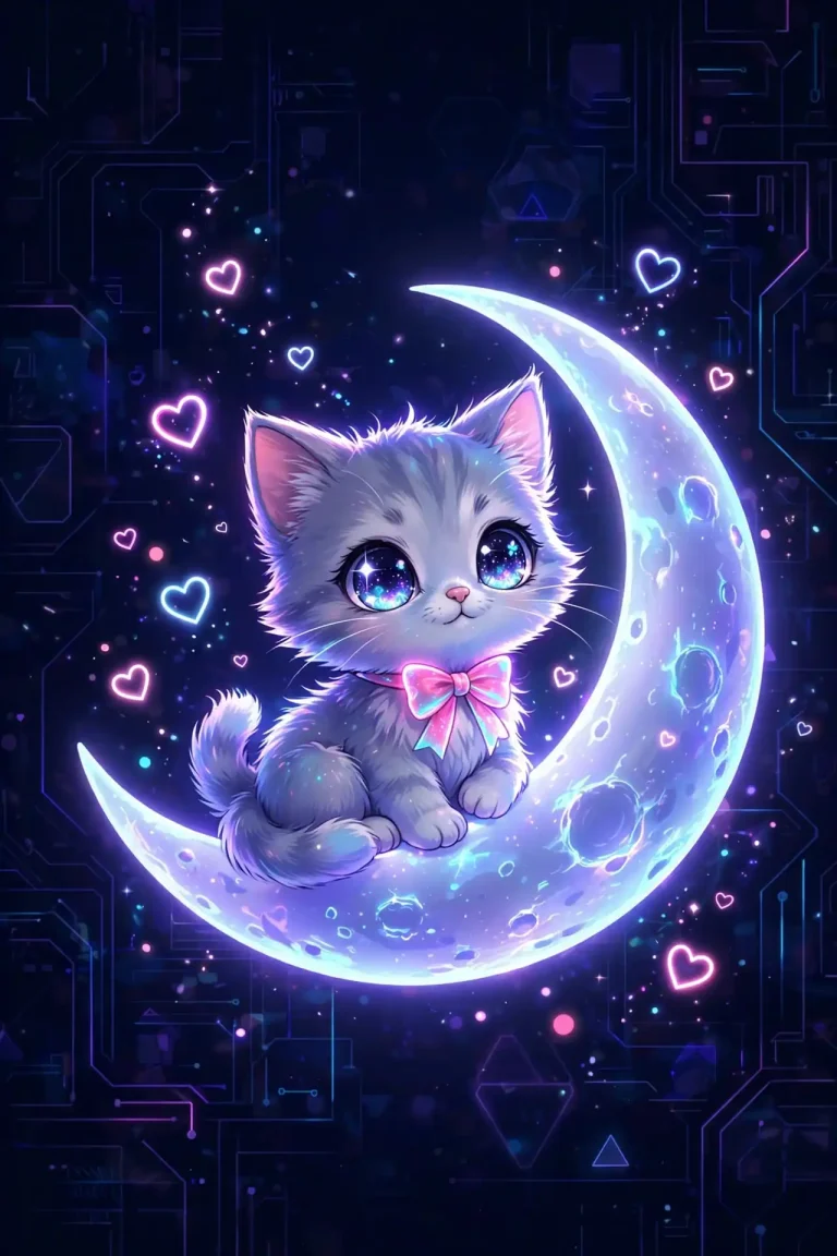 Adorable kitten with a glowing bow sitting on a crescent moon — cute synonyms and other ways to say cute