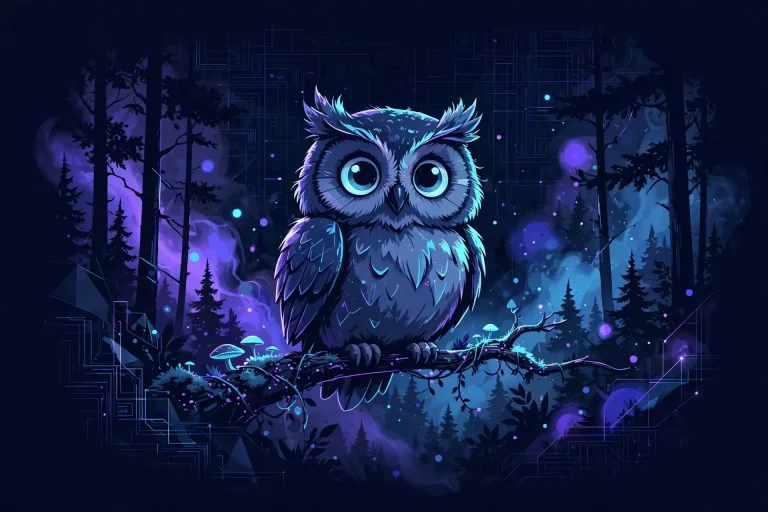 Cute owl with glowing eyes in a dark neon forest, a neon concept for dark synonyms
