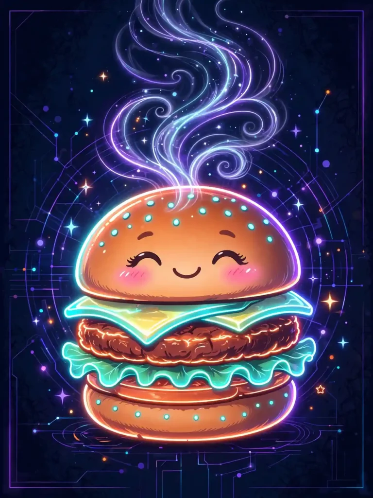 Cute smiling burger character with glowing steam swirls — delicious synonyms and other ways to say delicious