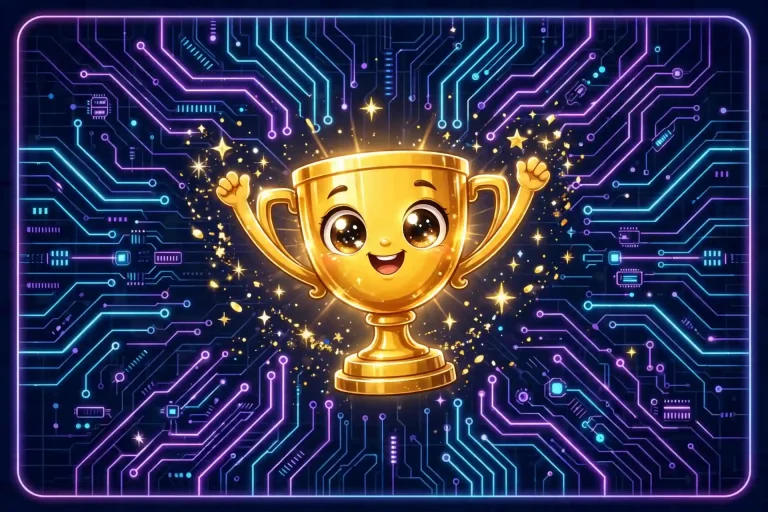 Cute glowing gold trophy character celebrating, illustrating an excellent synonym for award-winning quality