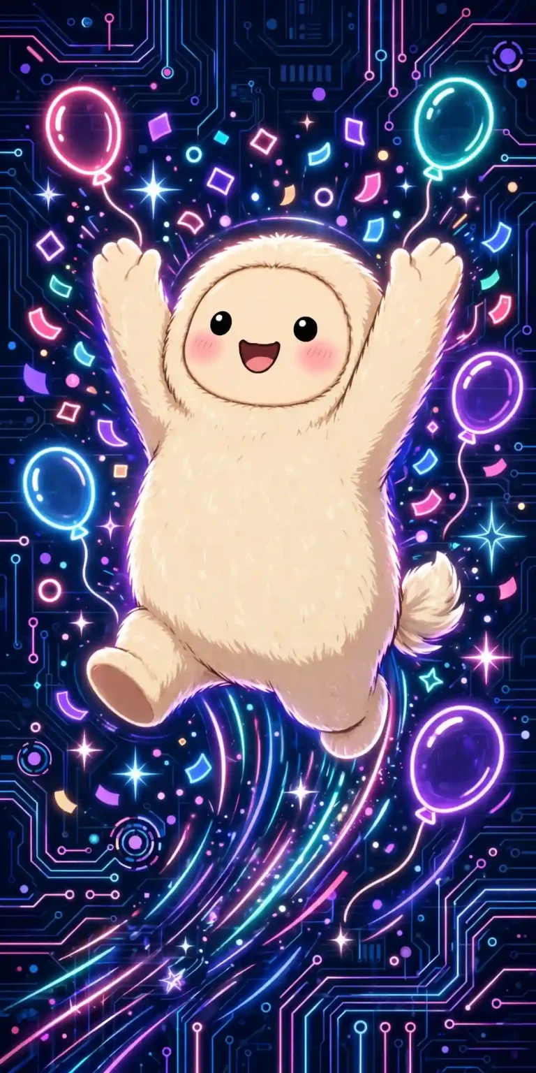 Excited synonyms — cute character jumping for joy among glowing neon confetti and balloons