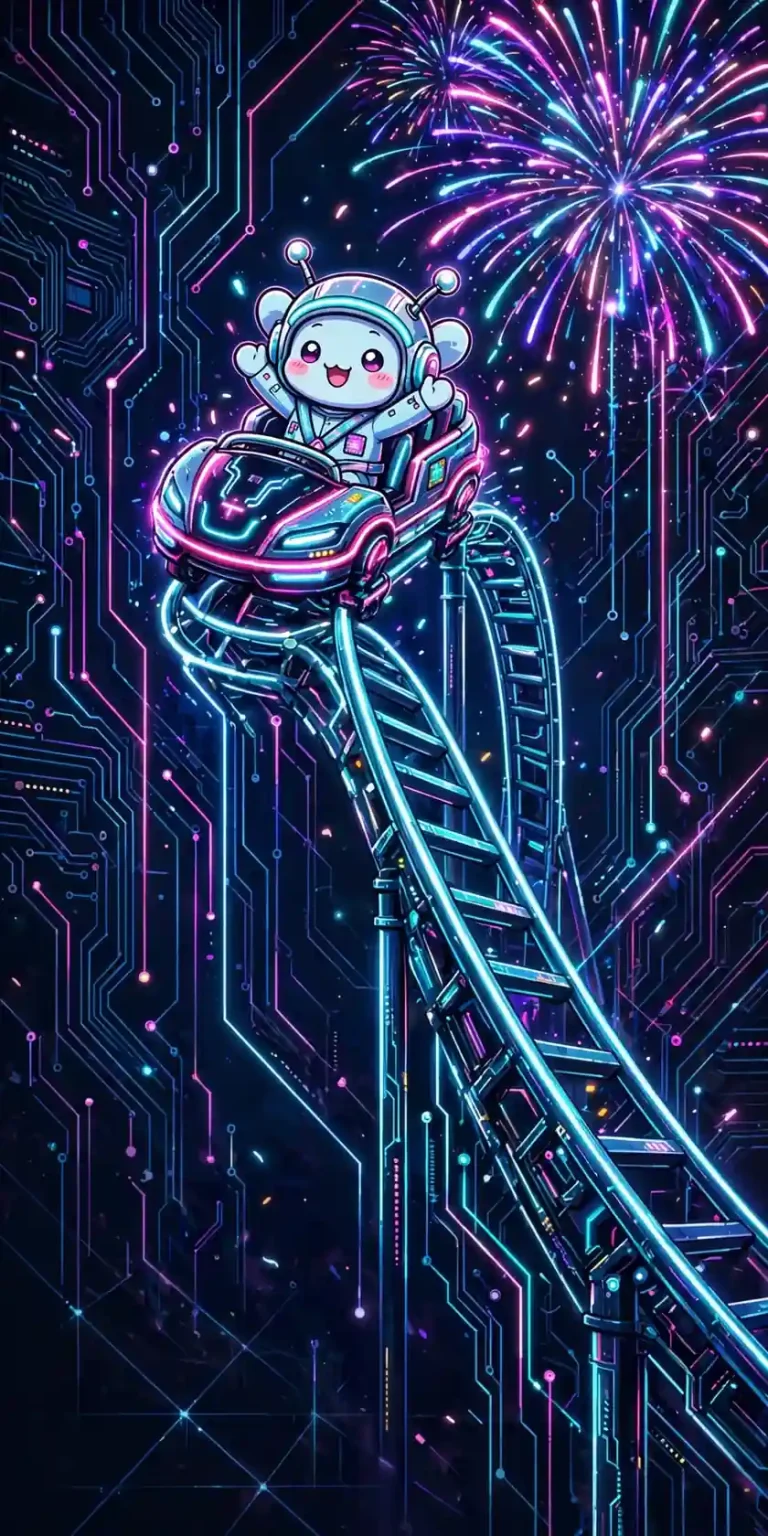 Exciting synonyms — cute character riding a glowing neon roller coaster under fireworks