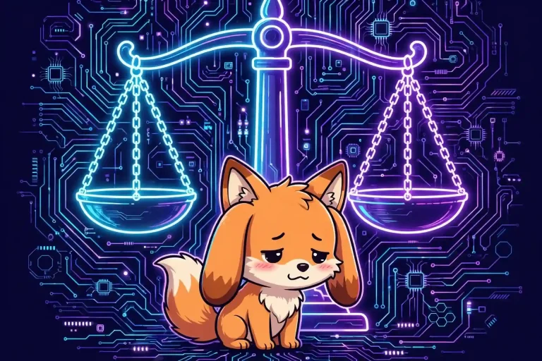 Guilty synonyms — cute sheepish fox before glowing neon scales of justice