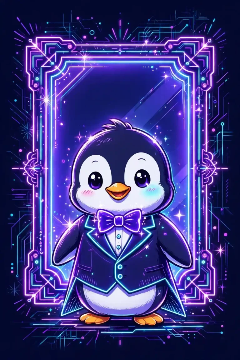 Handsome synonyms — cute dapper penguin in a tuxedo with a glowing neon bow tie