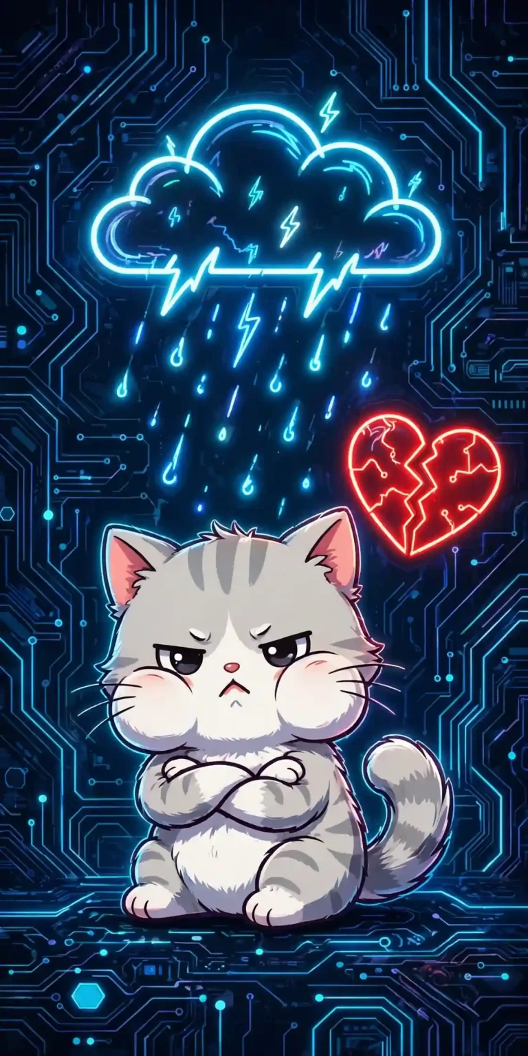 Hate synonyms — cute grumpy kitten under a glowing neon storm cloud with a cracked heart