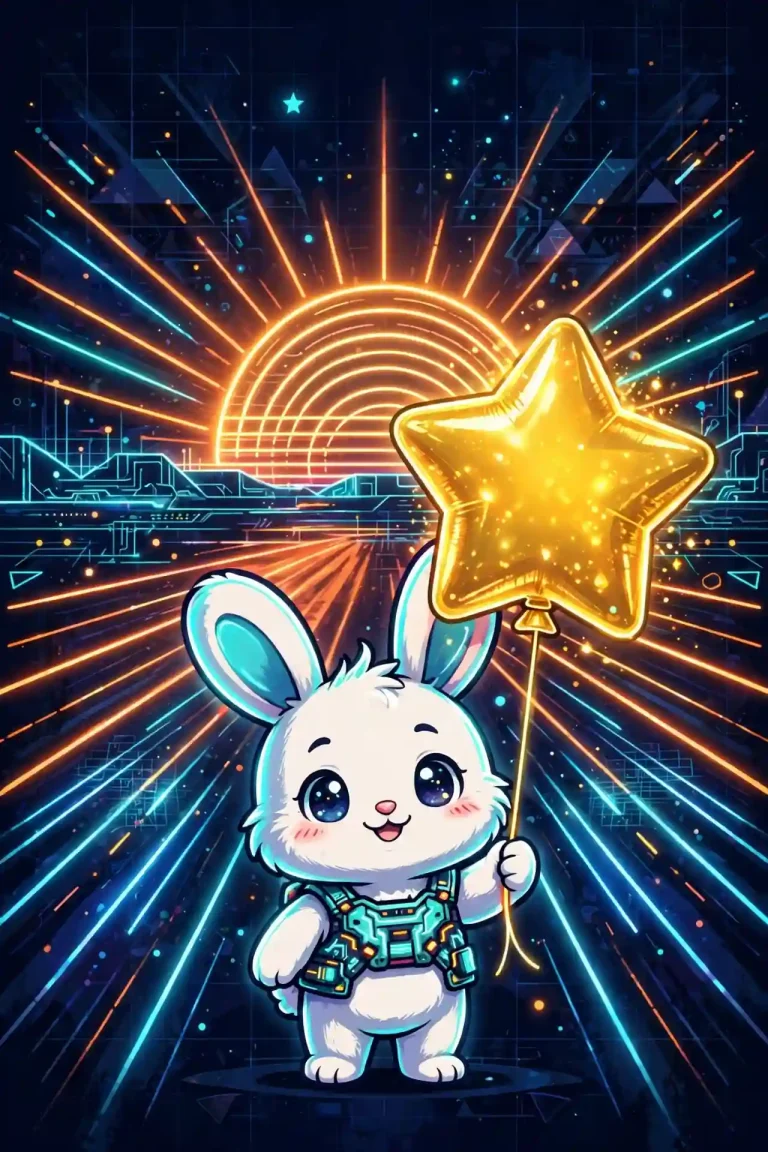 Hopeful synonyms — cute bunny holding a glowing star under a neon sunrise