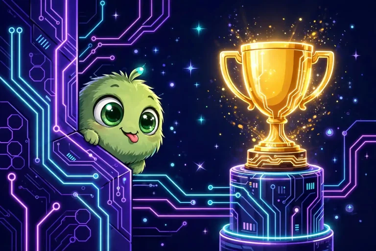 Jealous synonyms — cute green-eyed monster peeking playfully at a friend's glowing golden trophy