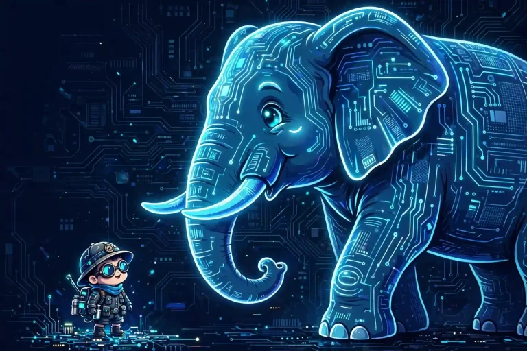 Large synonyms — tiny explorer standing beside a gigantic glowing neon elephant