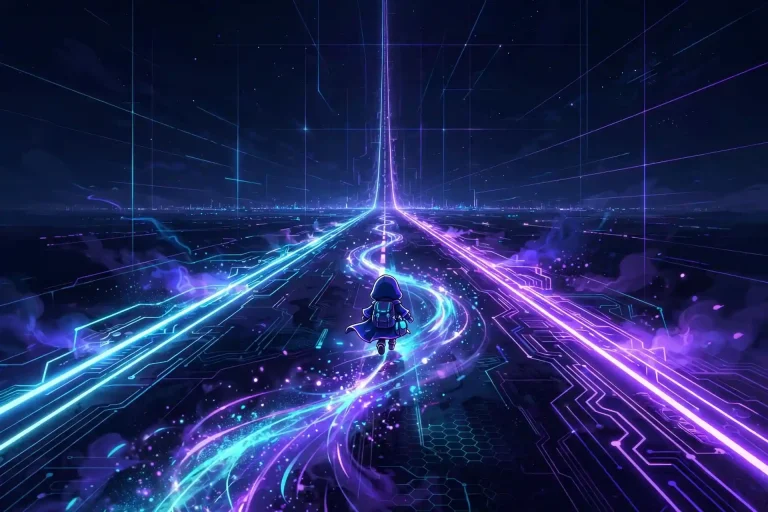 Endless glowing road stretching to the horizon with a small traveler, a neon concept for long synonyms