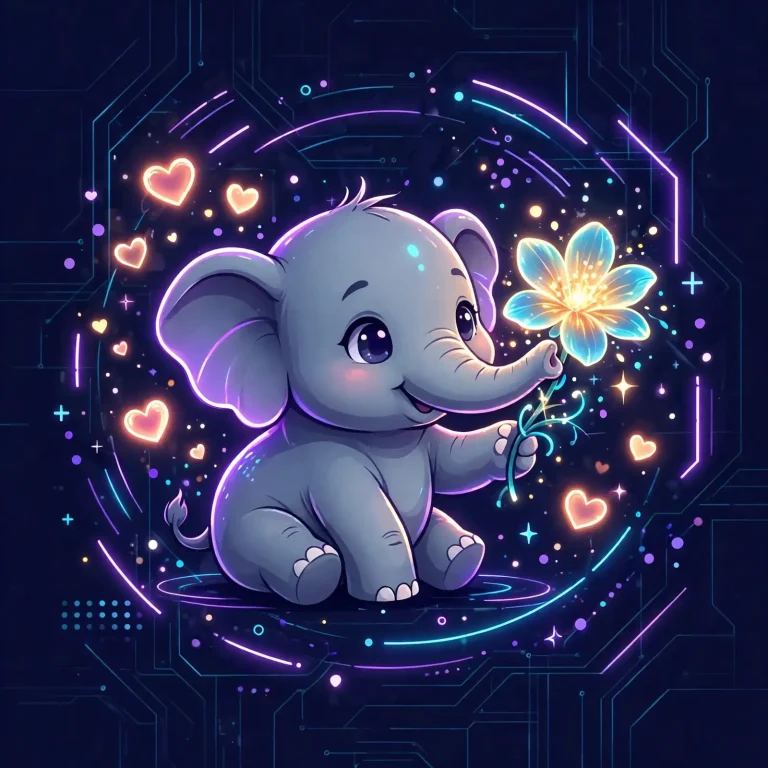 Nice synonyms — cute baby elephant offering a glowing flower