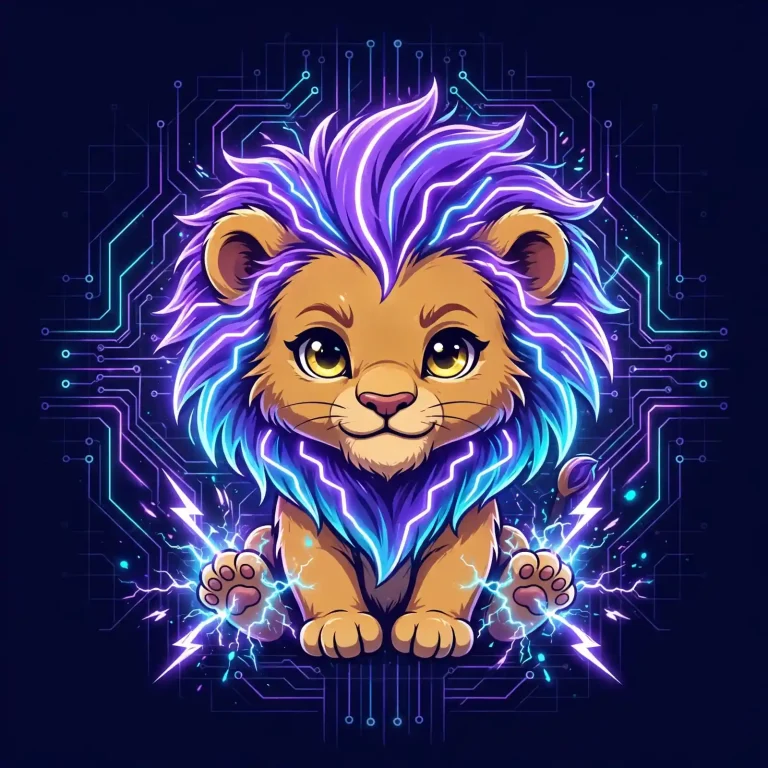 Powerful synonyms — mighty little lion with a glowing neon mane and lightning bolts