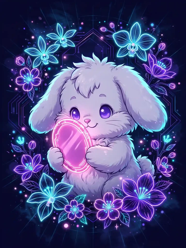 Pretty synonyms — cute bunny holding a glowing mirror among neon flowers