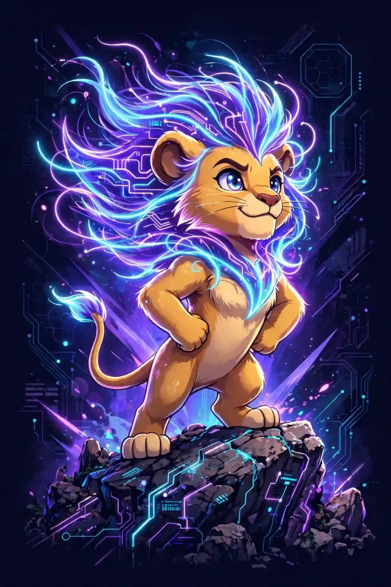Cute young lion with a glowing mane standing proudly on a rock, a neon concept for proud synonyms
