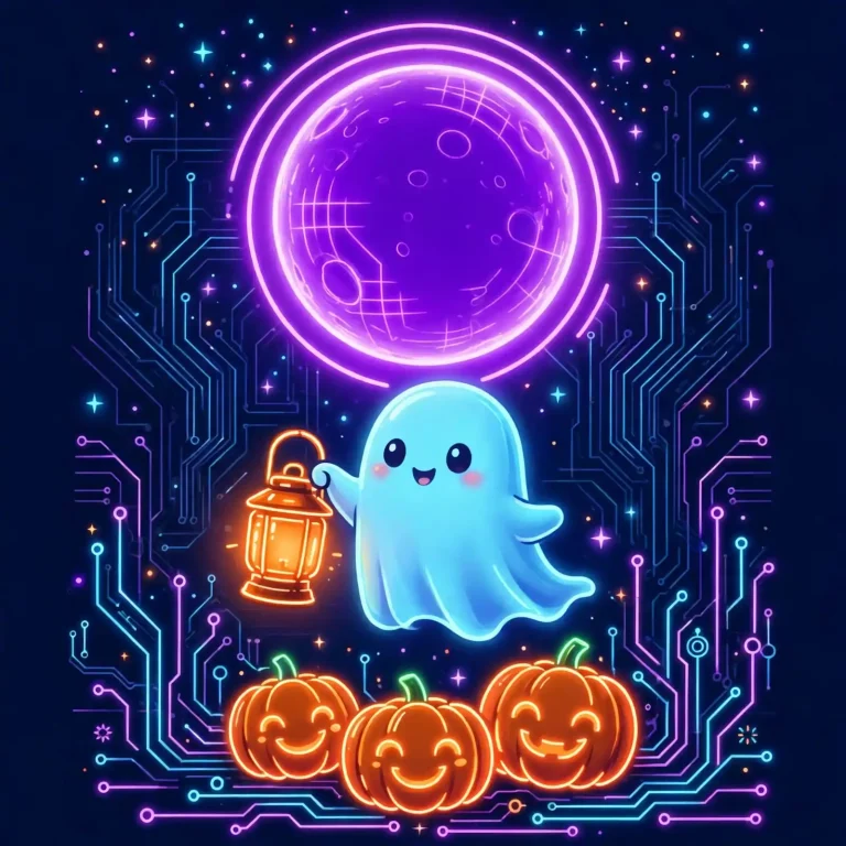 Scary synonyms — cute little ghost holding a glowing lantern under a neon moon