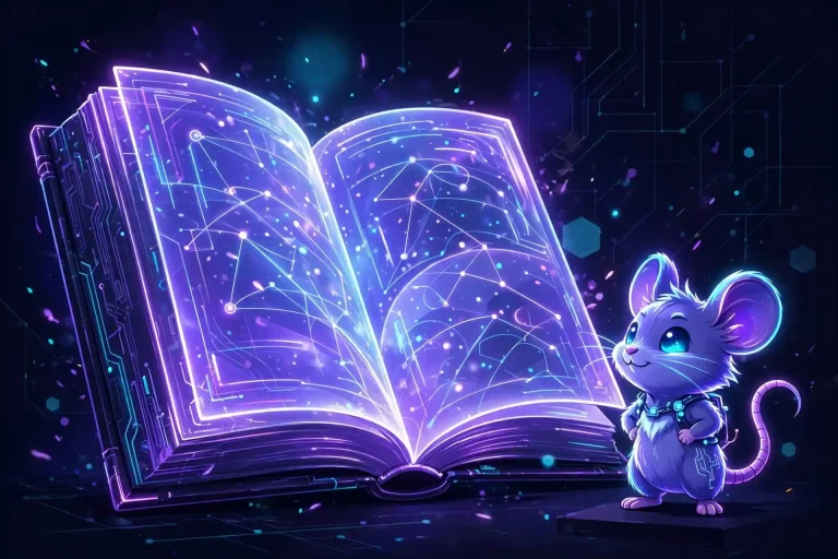 Tiny cute glowing mouse standing beside a giant open book, a neon concept for small synonyms