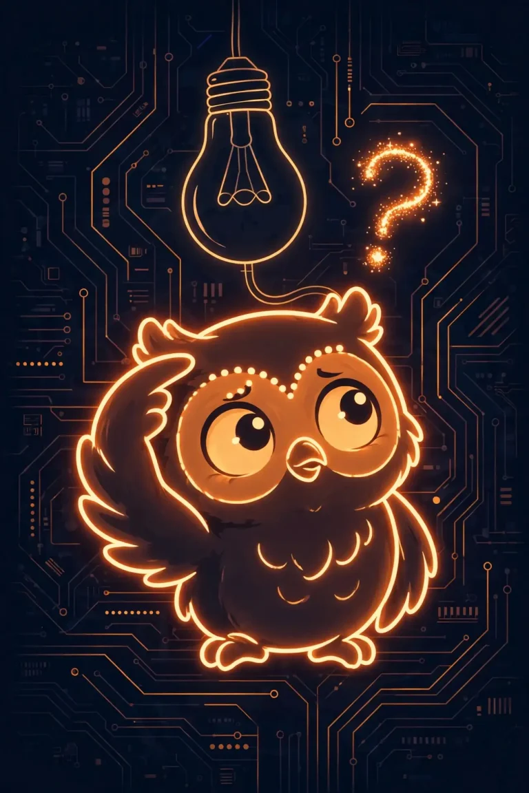 Stupid synonyms — puzzled little owl with an unlit lightbulb glowing faintly over its head