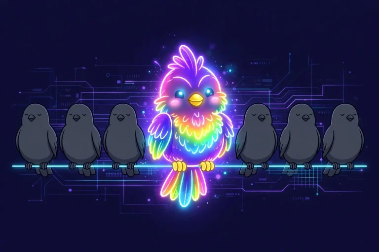 Unique synonyms — one glowing rainbow bird standing out among plain grey birds