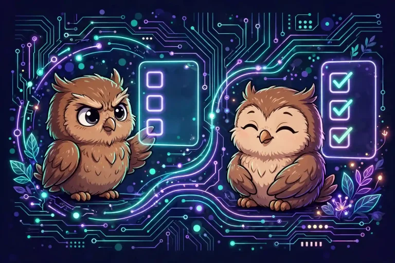 Worry synonyms — cute little owl with a furrowed brow checking a glowing list, then relaxing