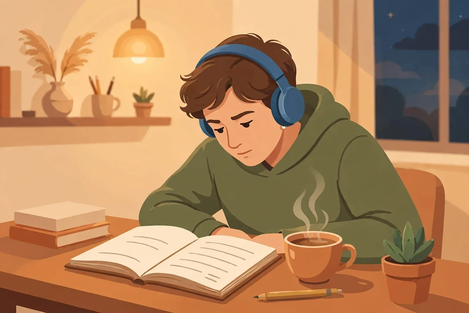 Different ways to say focus in English with example sentences - person concentrating while studying
