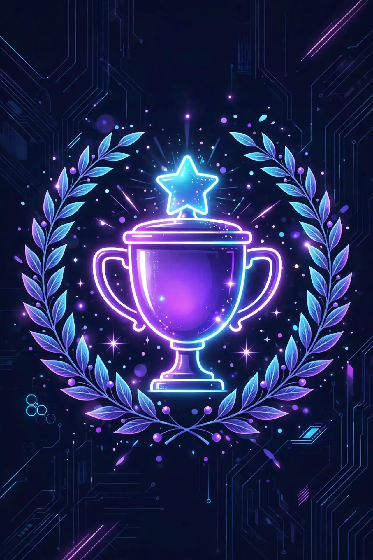 Good synonyms — neon illustration of a glowing trophy with a star and laurel leaves symbolizing excellence and top quality