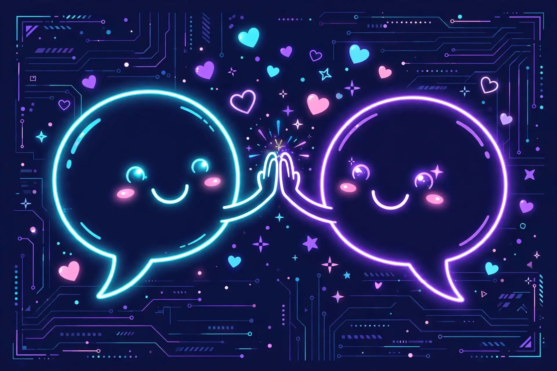 Good synonyms — neon illustration of two smiling speech-bubble characters high-fiving with hearts and stars for everyday praise