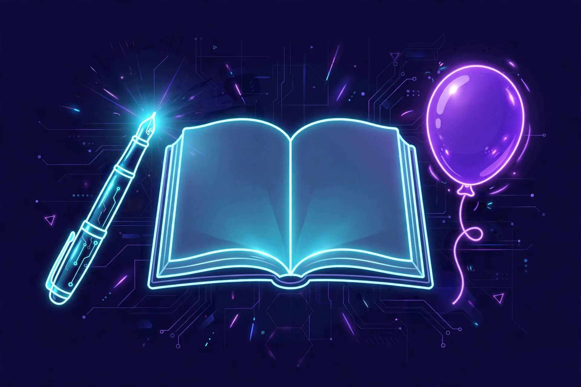 Good synonyms — neon illustration of an open book with a glowing fountain pen and party balloon showing formal versus casual word choices