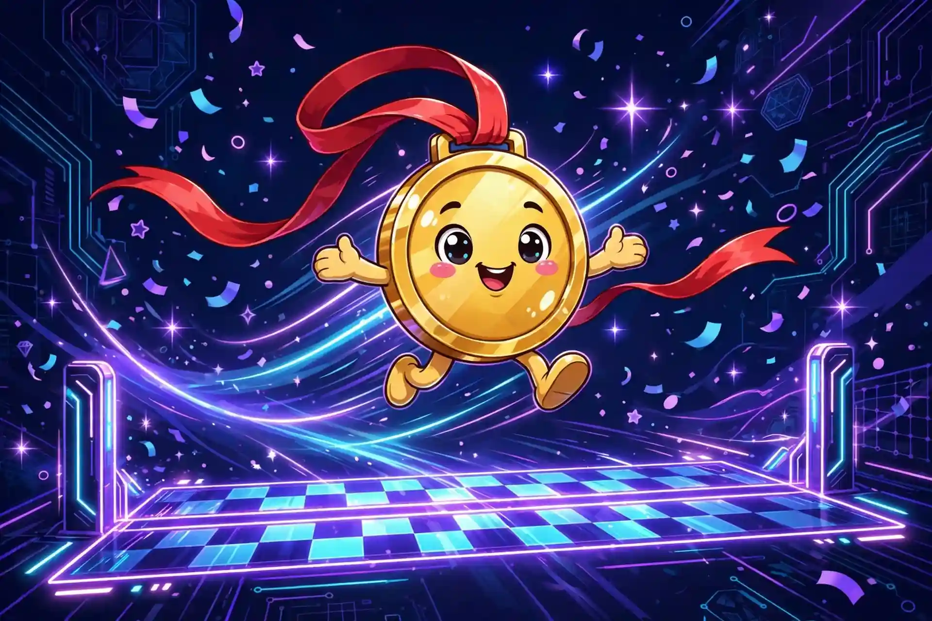 Great synonyms — neon illustration of a cute medal character leaping over a finish line with glowing stars