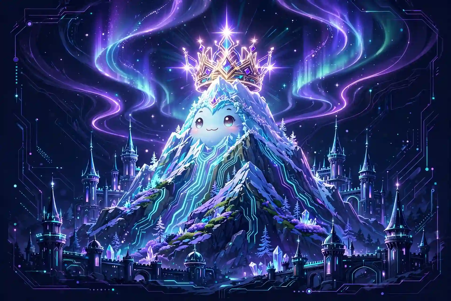 Great synonyms — neon illustration of a grand mountain peak with a glowing crown and aurora above castle towers