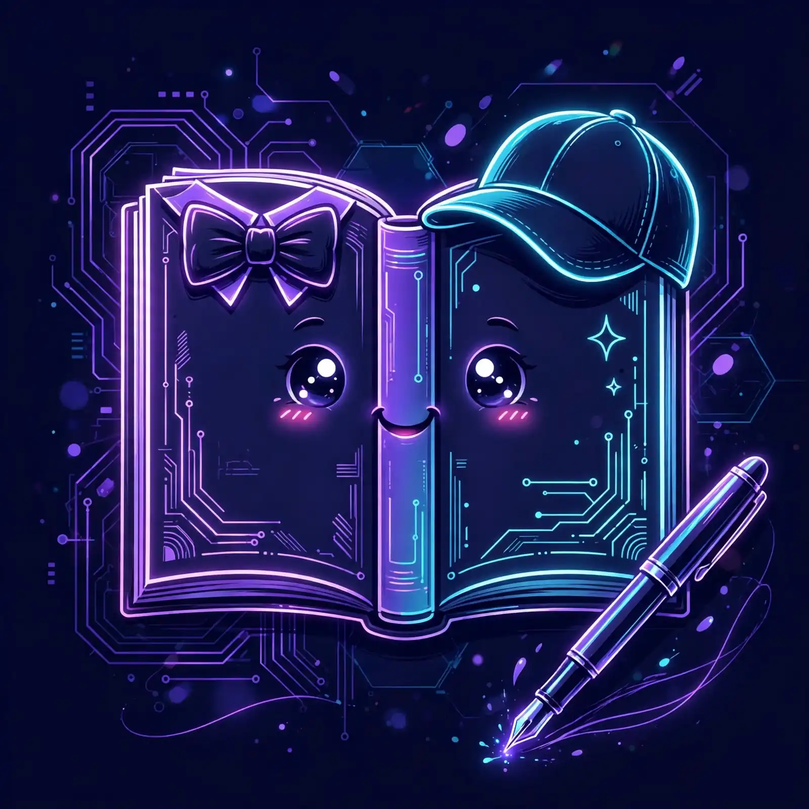 Great synonyms — neon illustration of a cute book character wearing a bow tie and a cap, showing formal and casual styles
