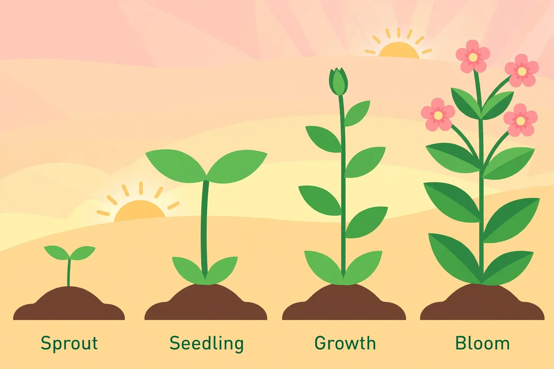 Growth synonym infographic: seedling growing through stages from sprout to flourishing plant
