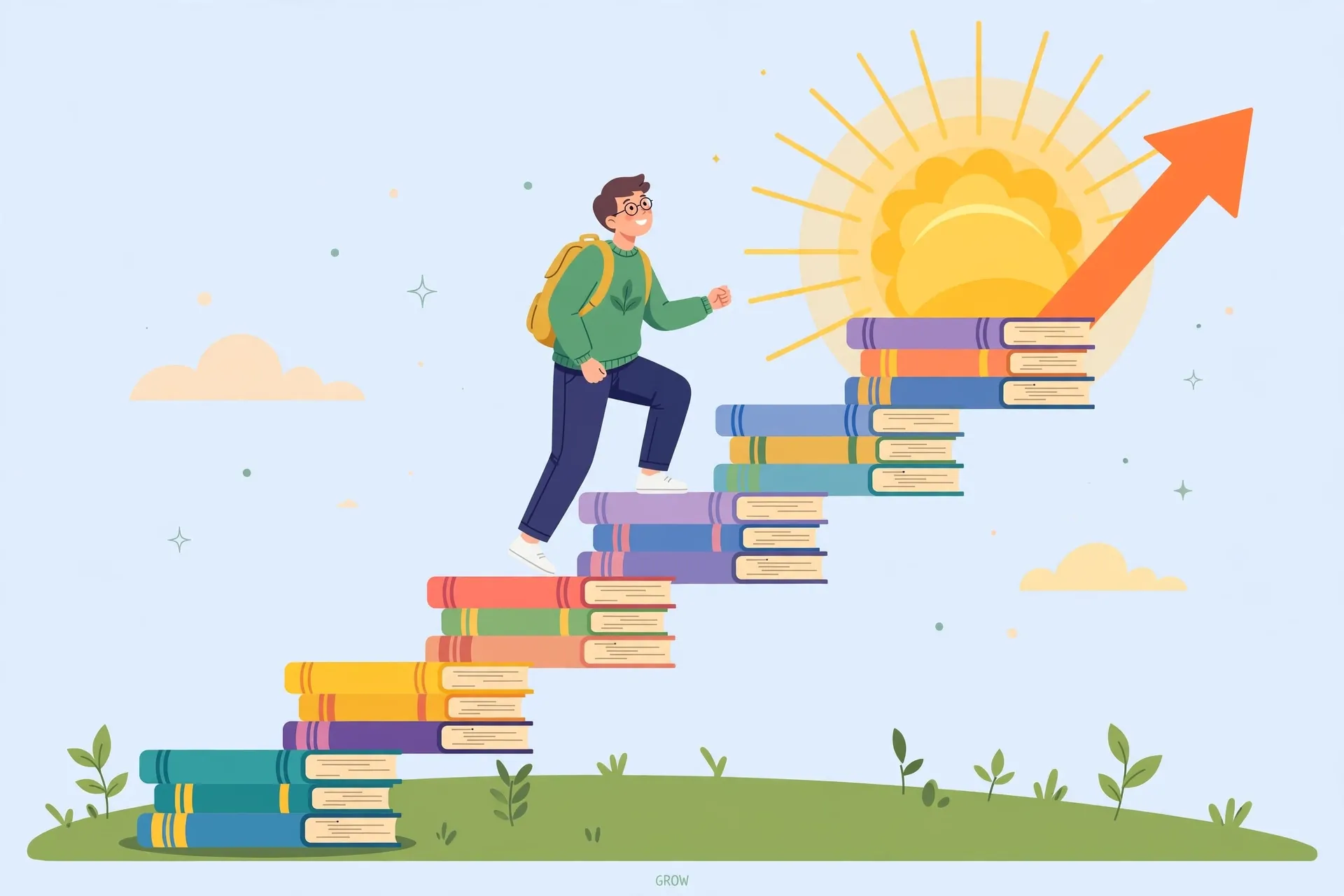 Growth synonym illustration: person climbing book steps toward a sunrise showing personal development and progress