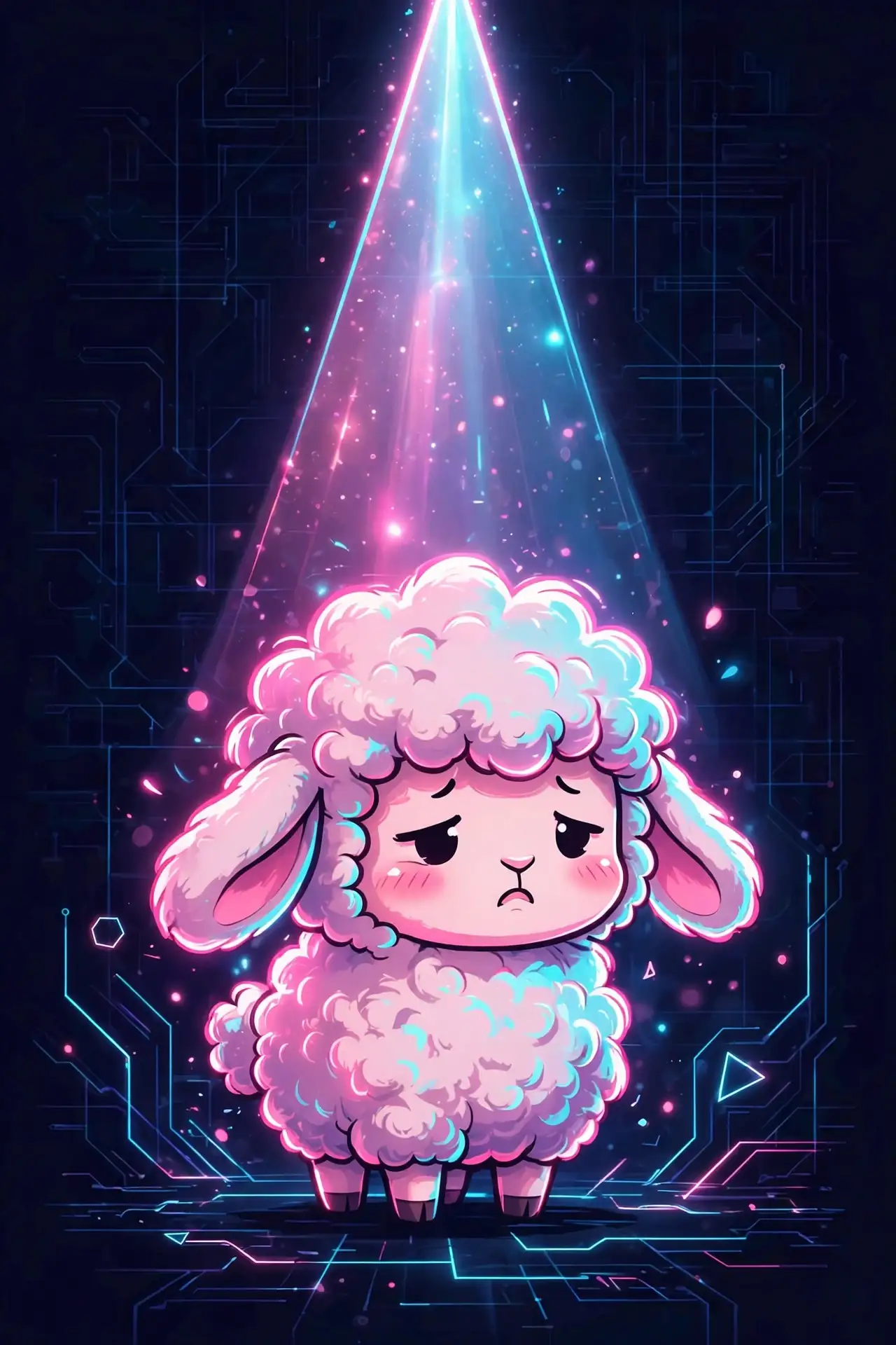 Cute sheepish sheep with droopy ears under a glowing spotlight — sheepish, a light guilty synonym