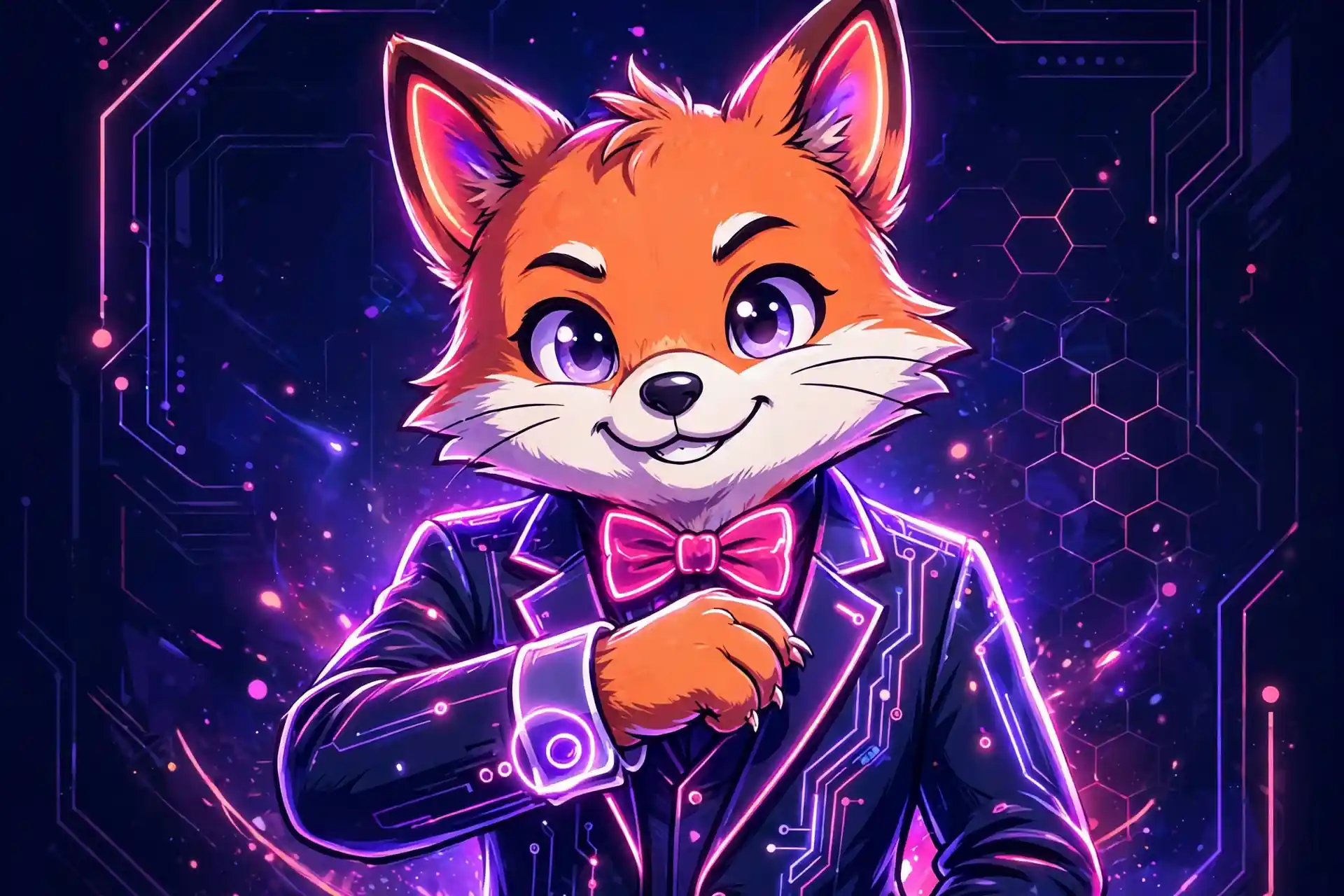 Cute fox in a glowing neon suit and bow tie — dapper, a stylish handsome synonym