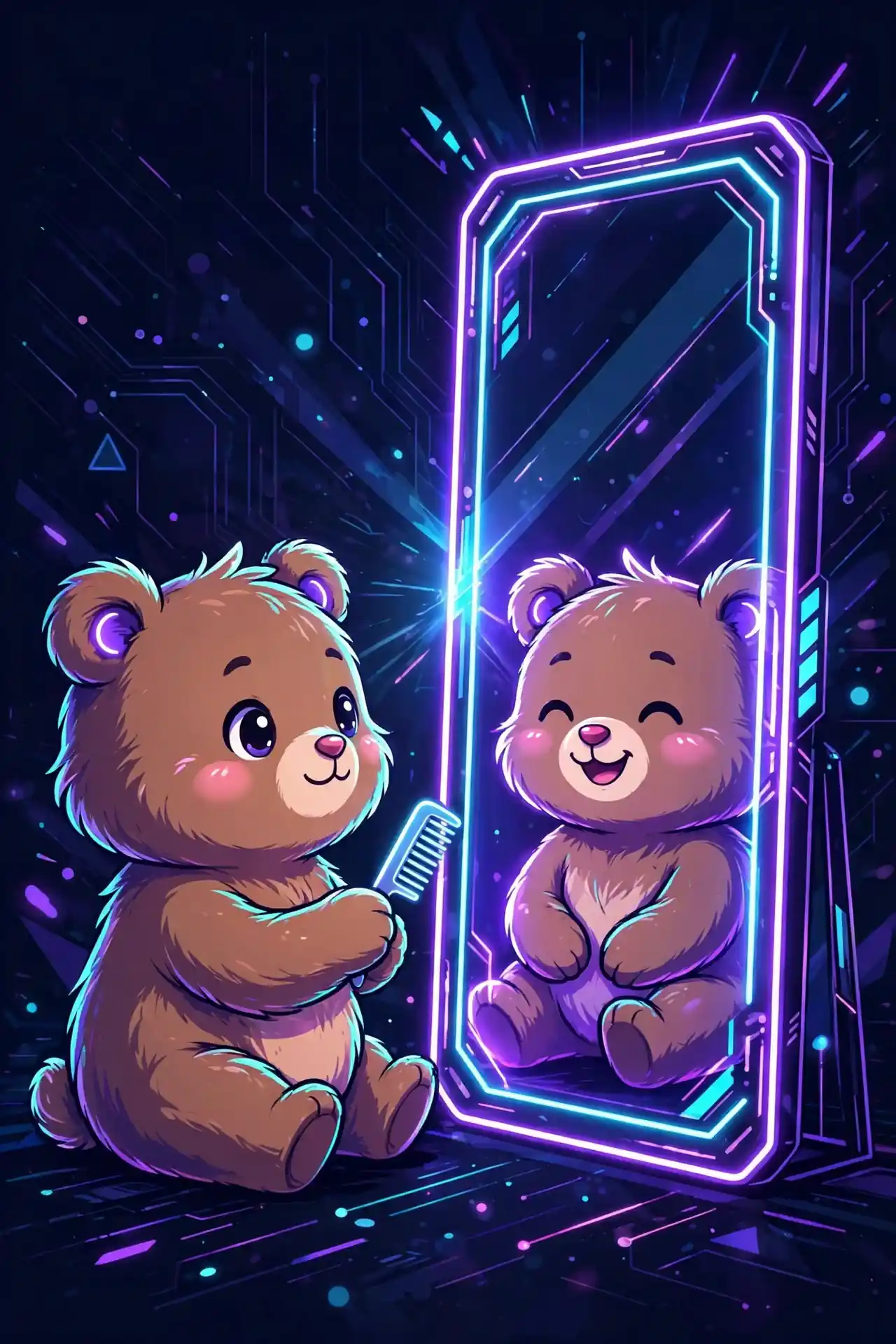 Cute bear smiling into a glowing neon mirror with a comb — well-groomed, a neat handsome synonym