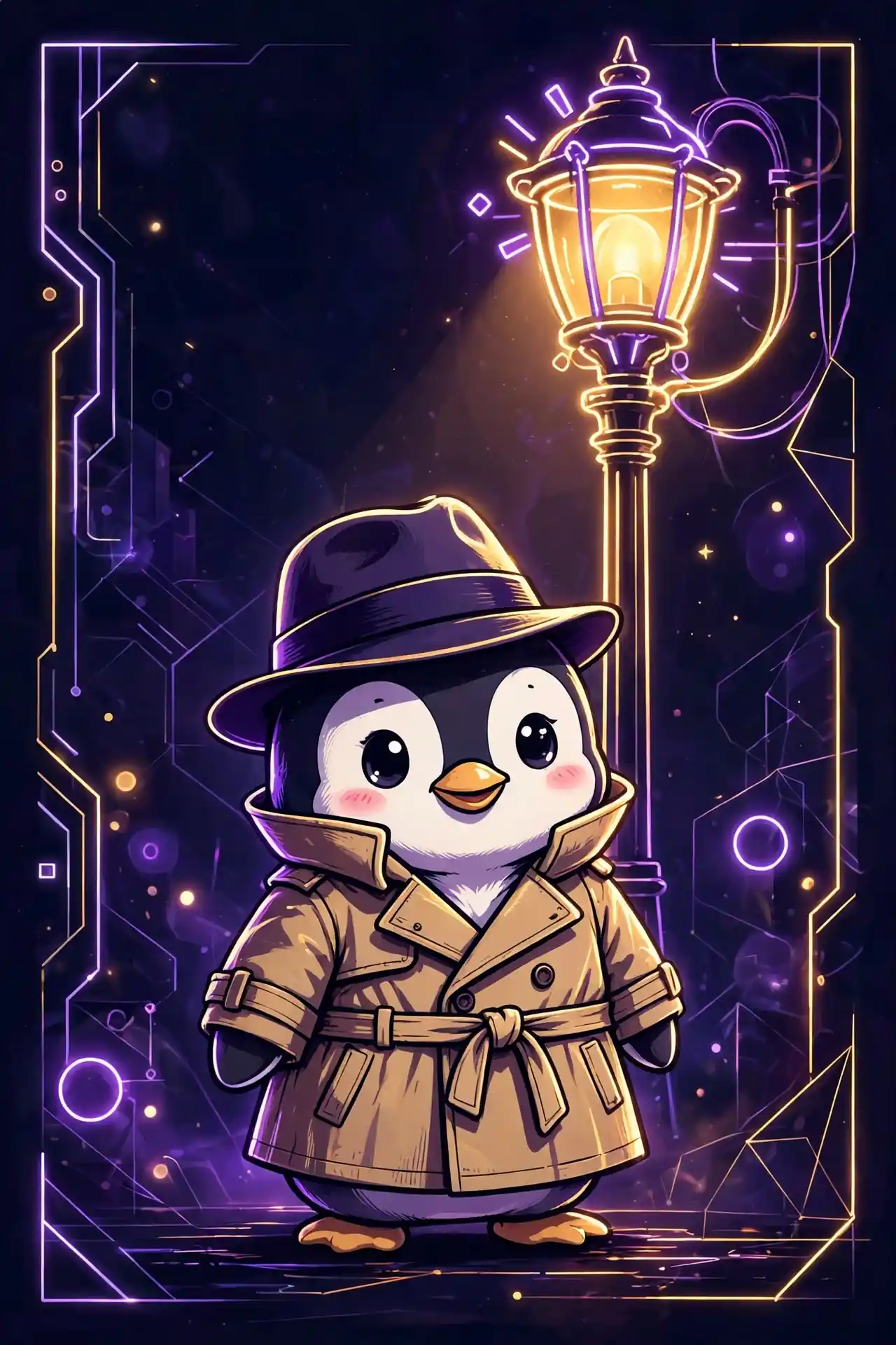 Cute penguin in a classic coat and hat under a glowing streetlamp — classic, a timeless handsome synonym