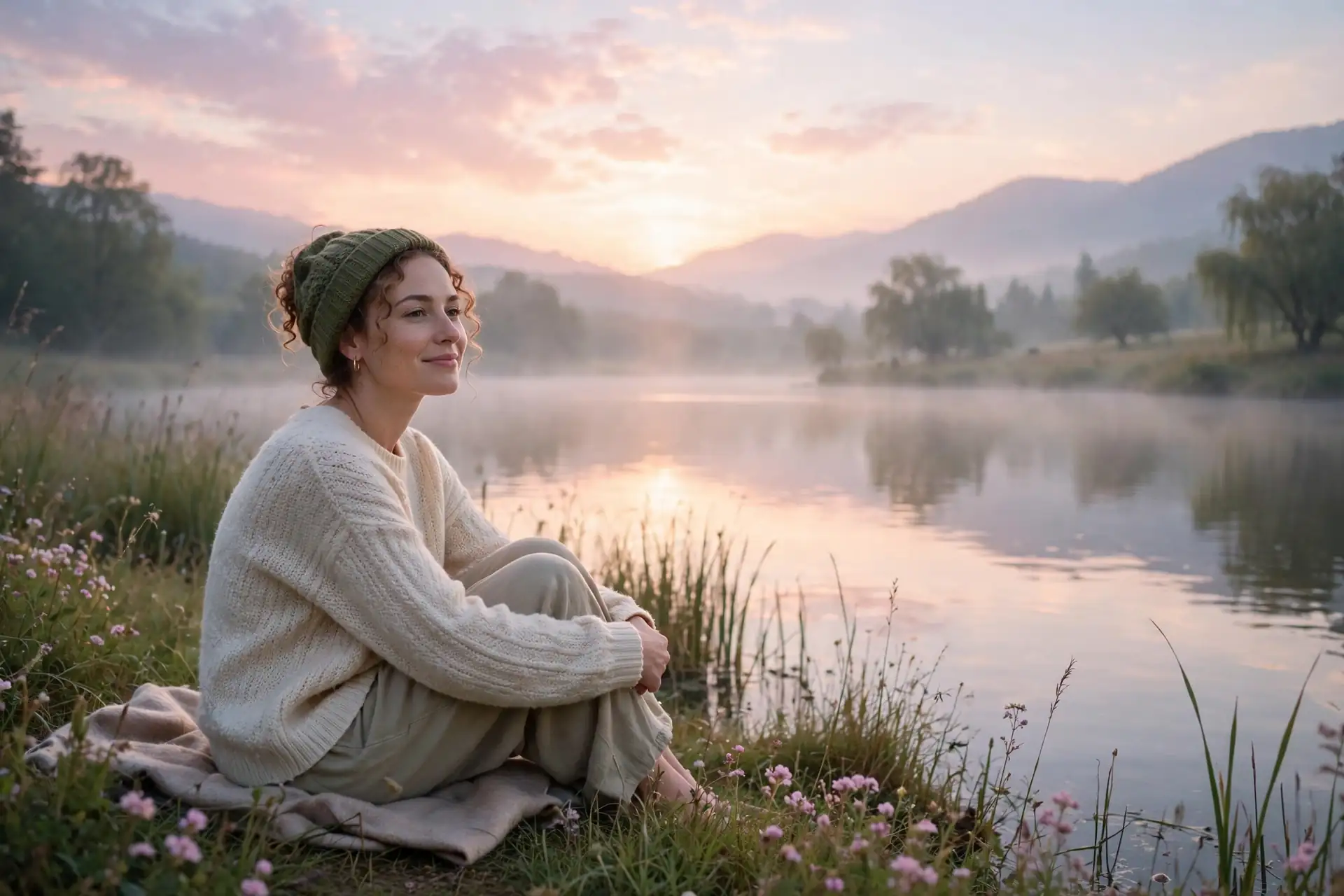 Happy synonyms formal vs casual - peaceful person sitting contentedly by a calm lake at sunrise
