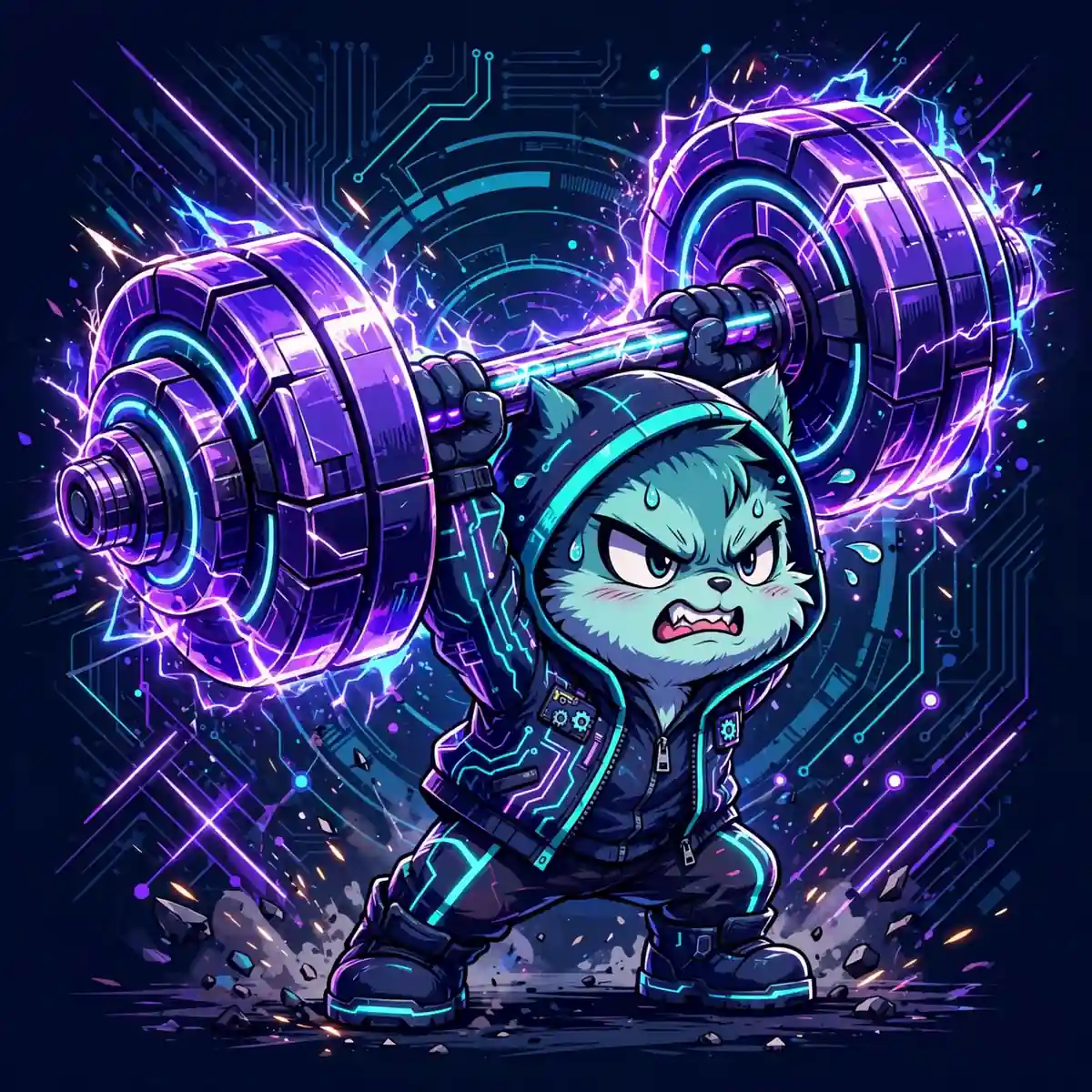 Difficult synonym for hard — a cute character lifting a heavy glowing dumbbell