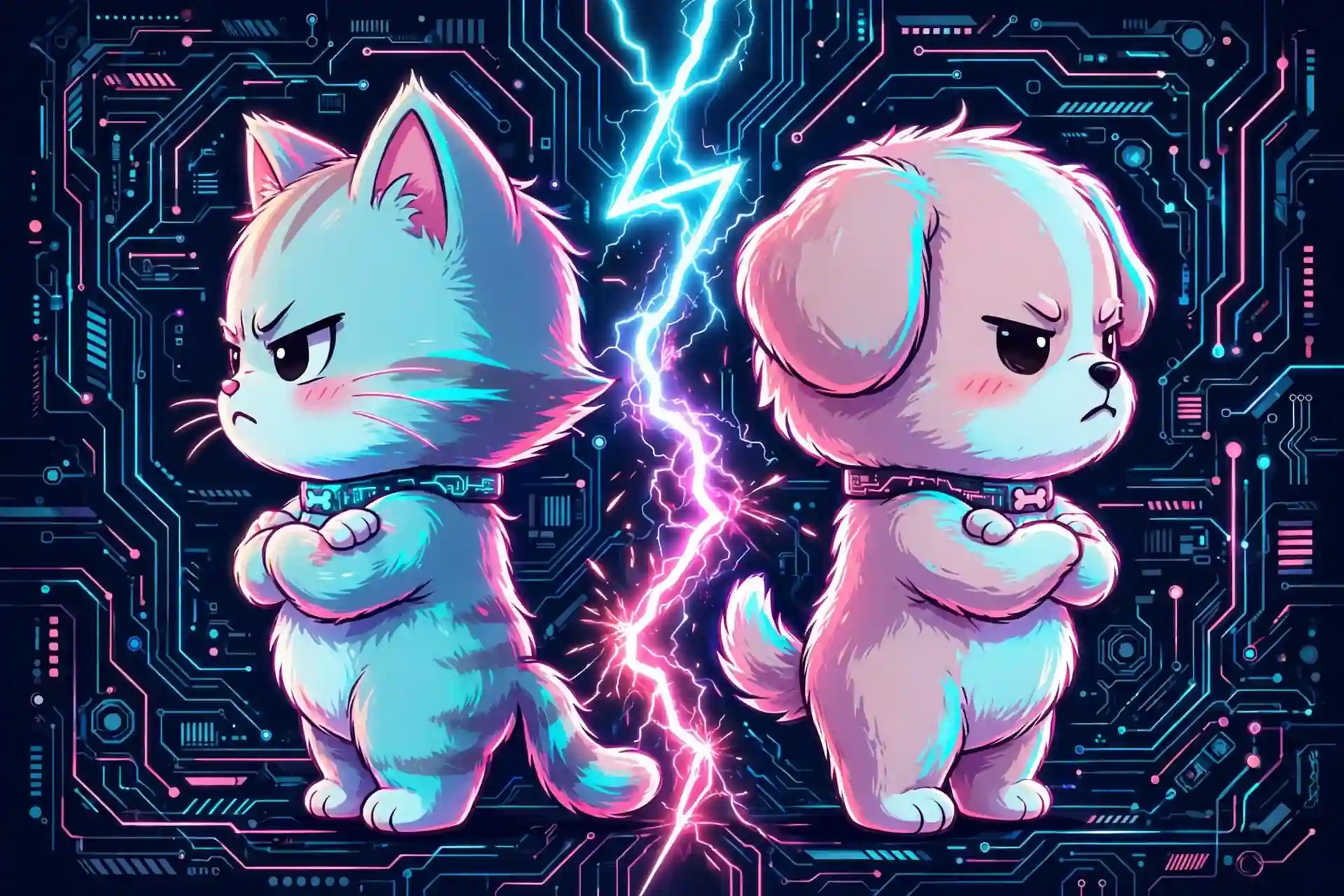 Two cute characters standing back to back with a neon lightning bolt between them — animosity, a hate synonym