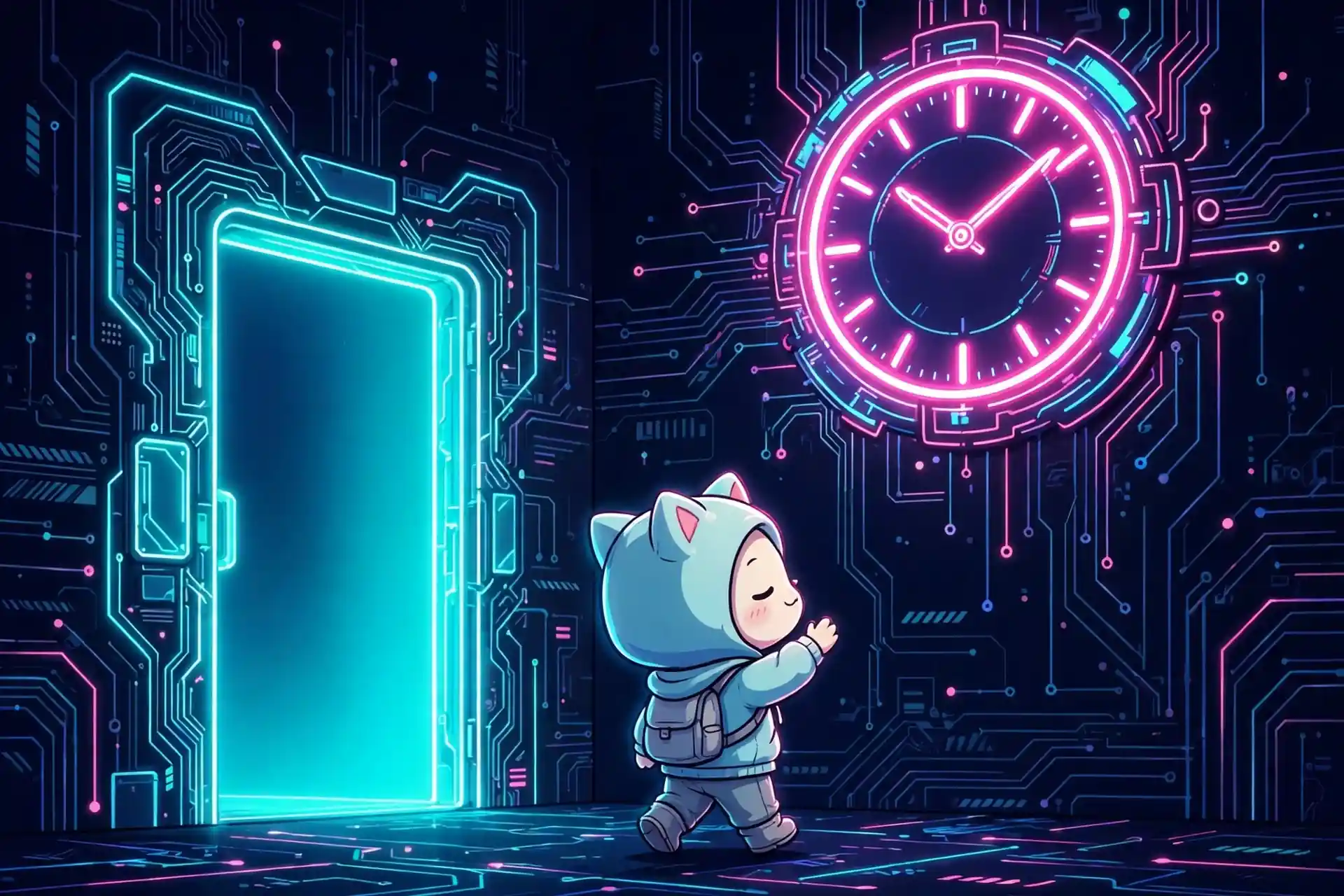Cute character walking calmly past a glowing door with a big clock — have no time for, a dismissive hate synonym