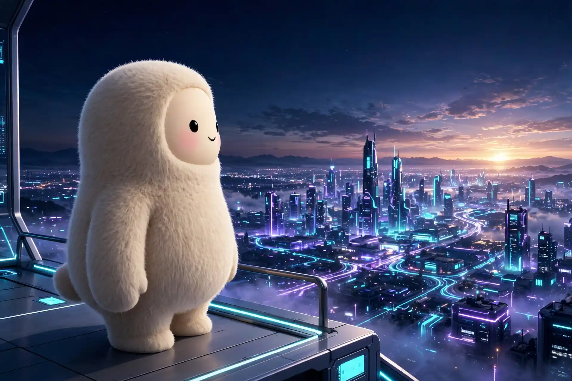 Robot watching a glowing sunrise, showing formal hope synonyms like expectation, prospect and aspiration
