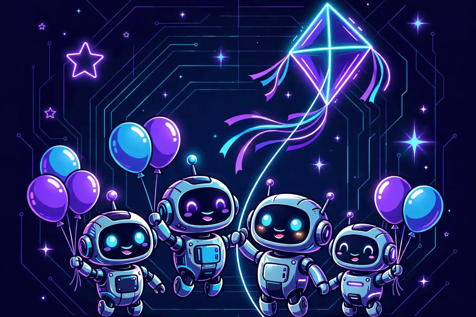 Robots flying a glowing kite, showing casual hope synonyms like wish, dream and desire